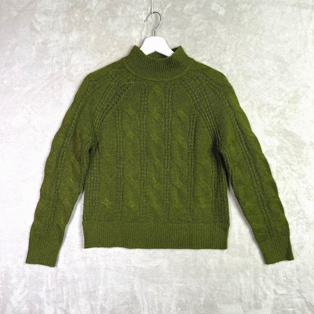 J Crew‎ Womens Sweater XXS Green Alpaca Blend Cable Knit Fisherman Mock Neck